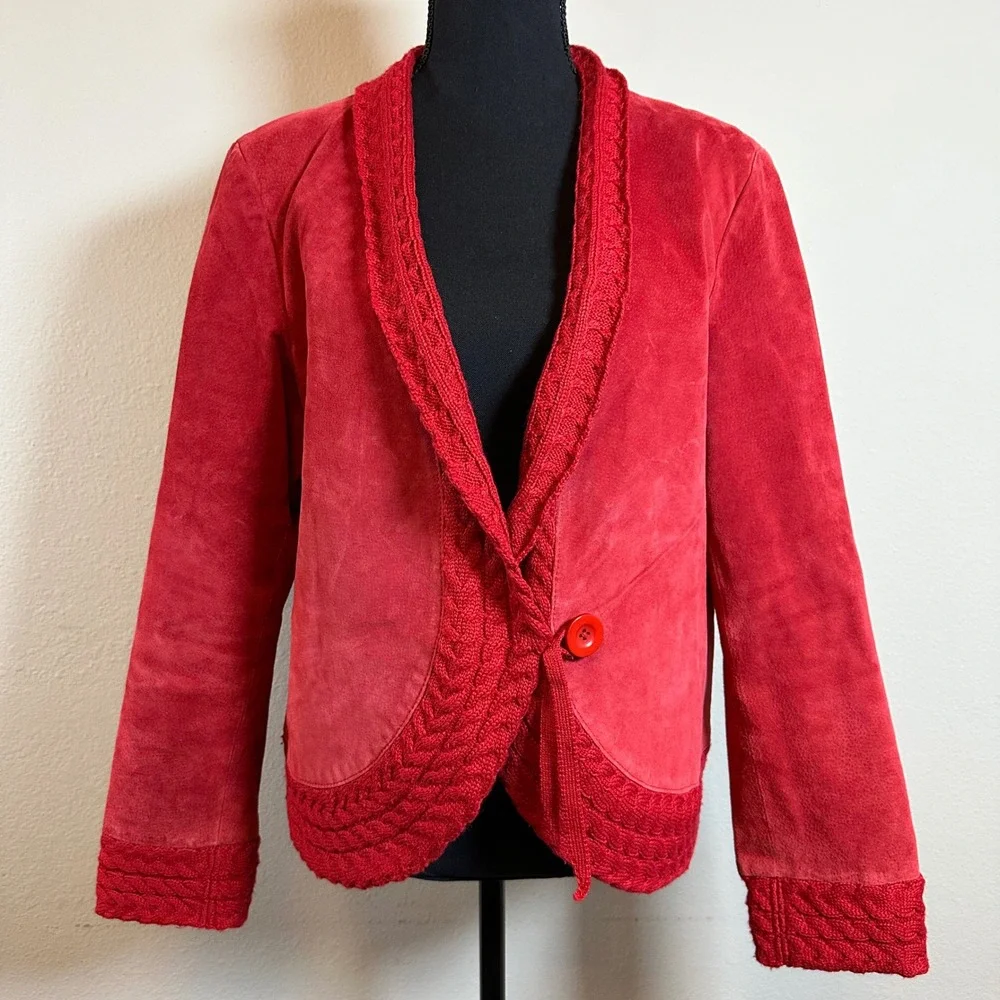Coldwater Creek Red Suede Leather Jacket Large Knit Trim Button Front Y2K Boho - Picture 1 of 12
